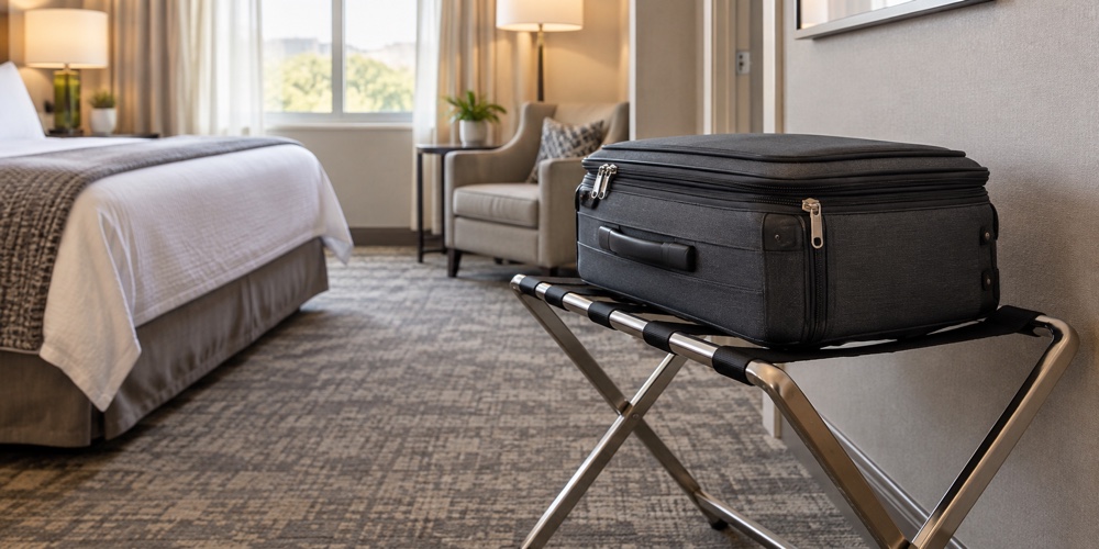 Closed suitcase on a metal luggage rack away from a hotel bed.